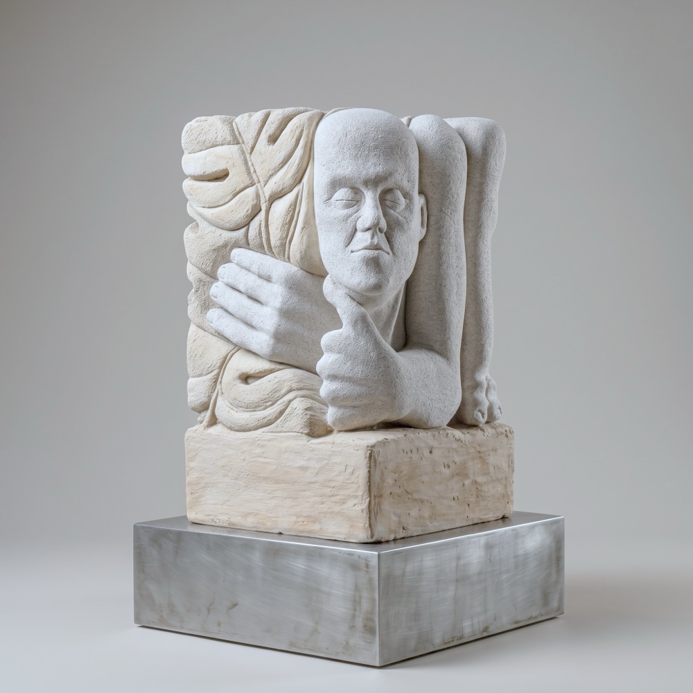 A block carved with monstera leaves along its side. A bald man’s face and two hands, one giving a thumbs-up, push out through the foliage. It rests on a rough block and a steel plinth.