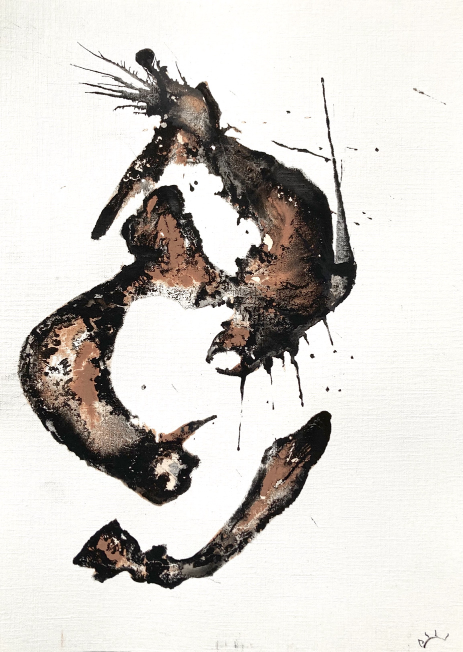 Black and brown abstract figure on white paper.