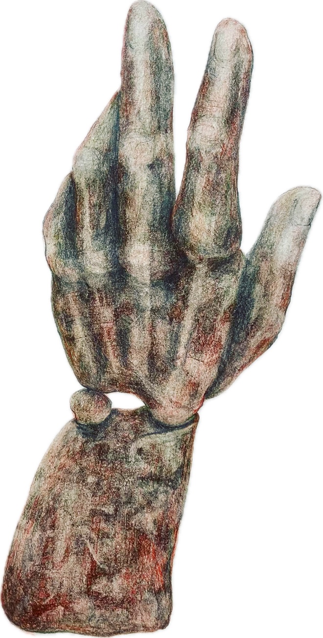 A raised hand drawn in muted earth tones.