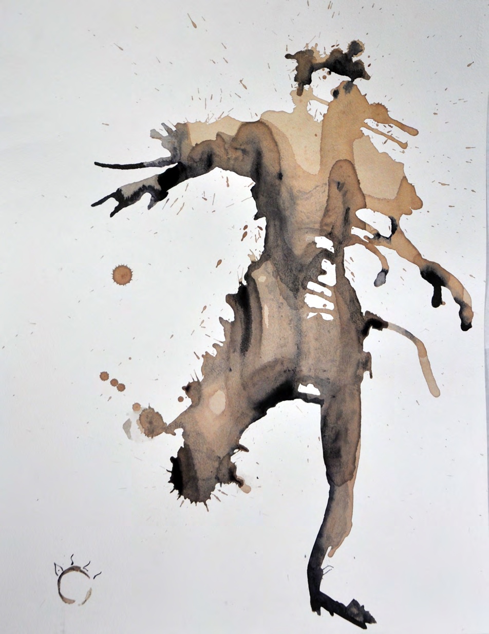 Wine and ink figure leaping across pale paper.