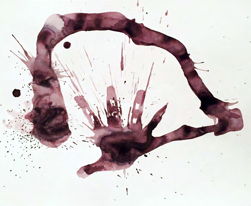 Purple arch and hand-like marks splashed across white paper.