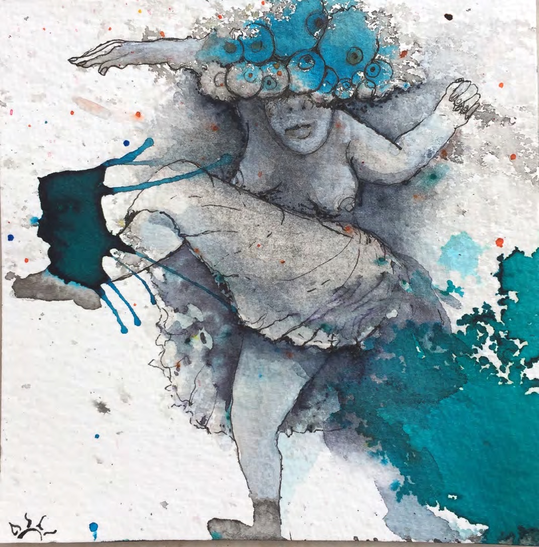 A figure emerging from turquoise and grey ink splashes.