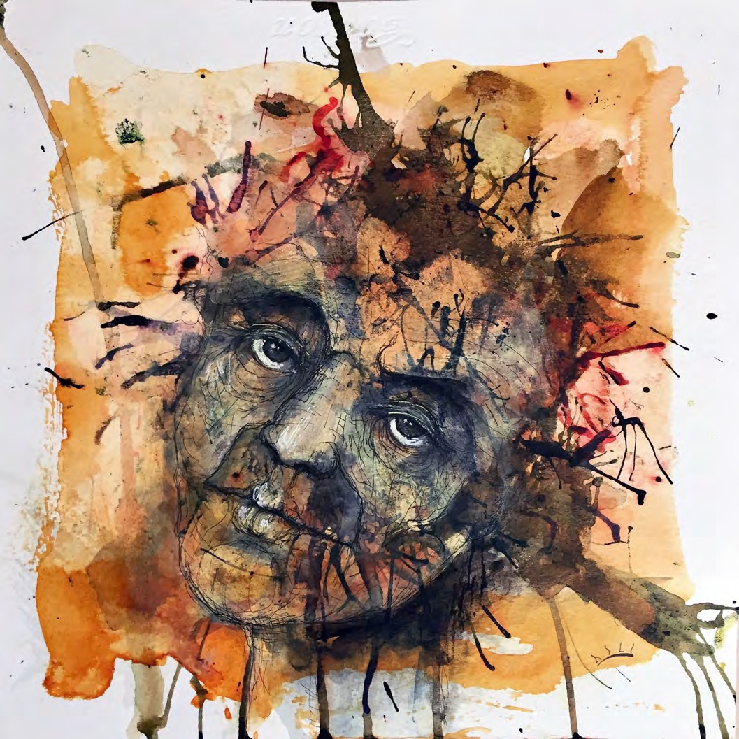Face in orange and blue watercolor surrounded by splatters.