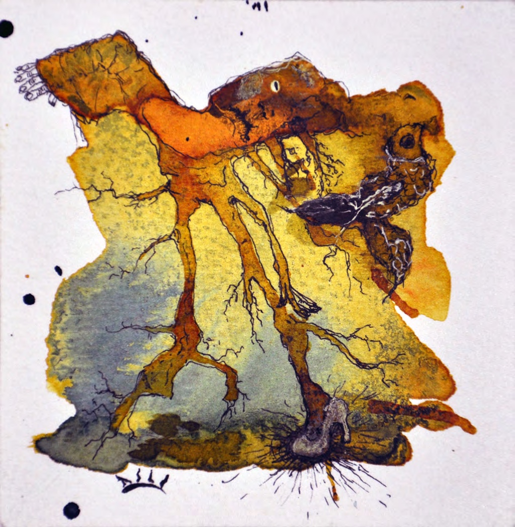 Orange and yellow figures in layered watercolor washes.