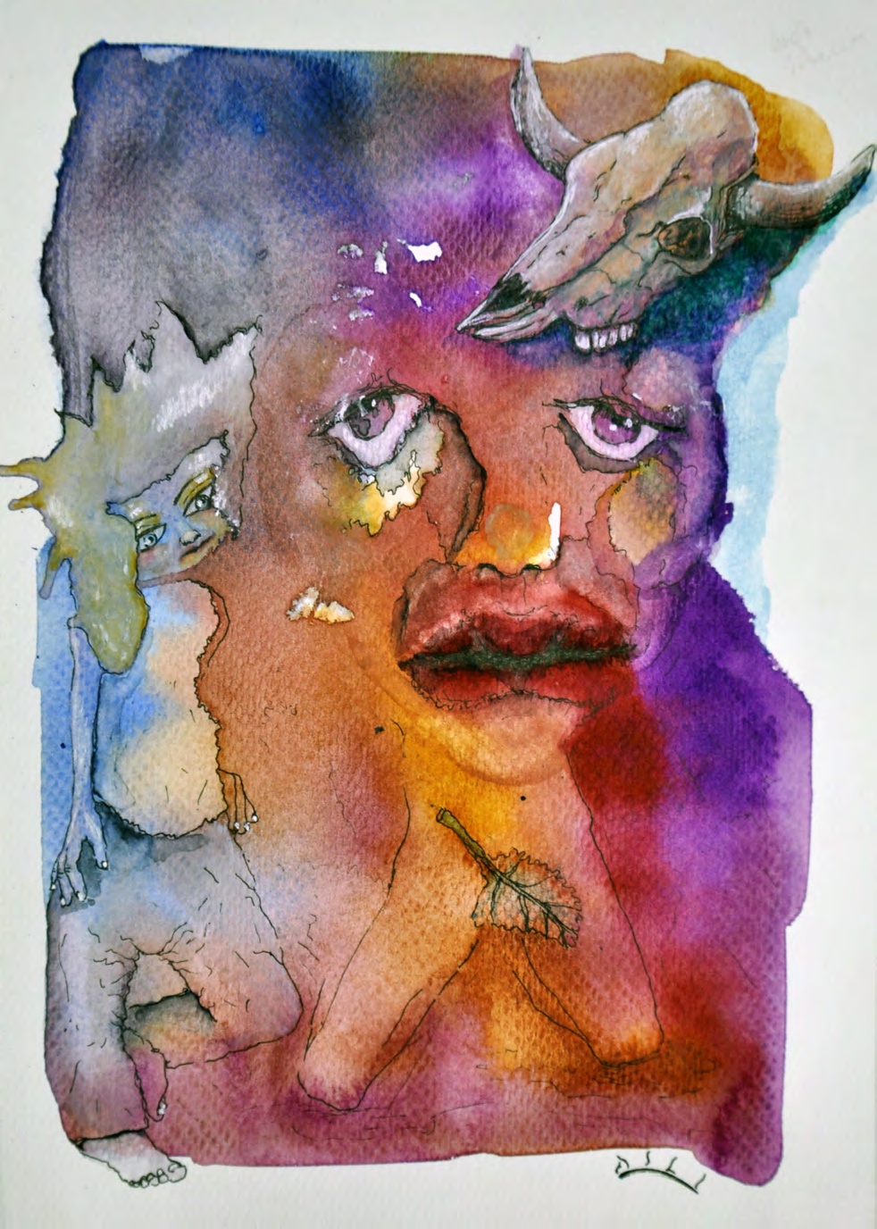 Colorful face with a horned skull above it in purple and orange watercolor.