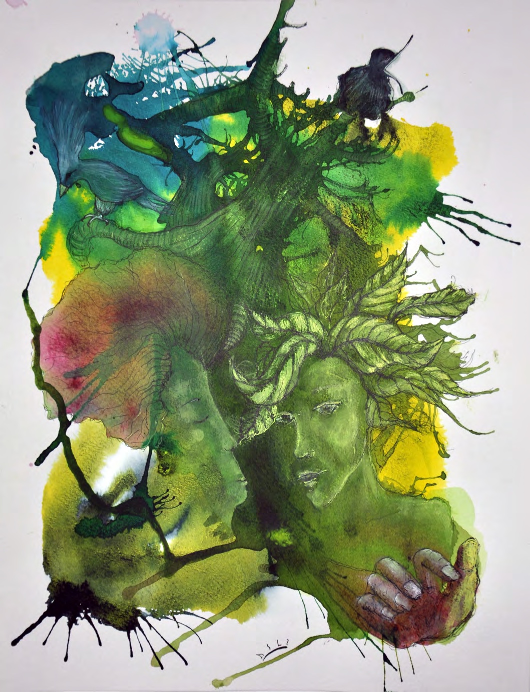 Faces emerging through bright green, yellow, and turquoise watercolor.