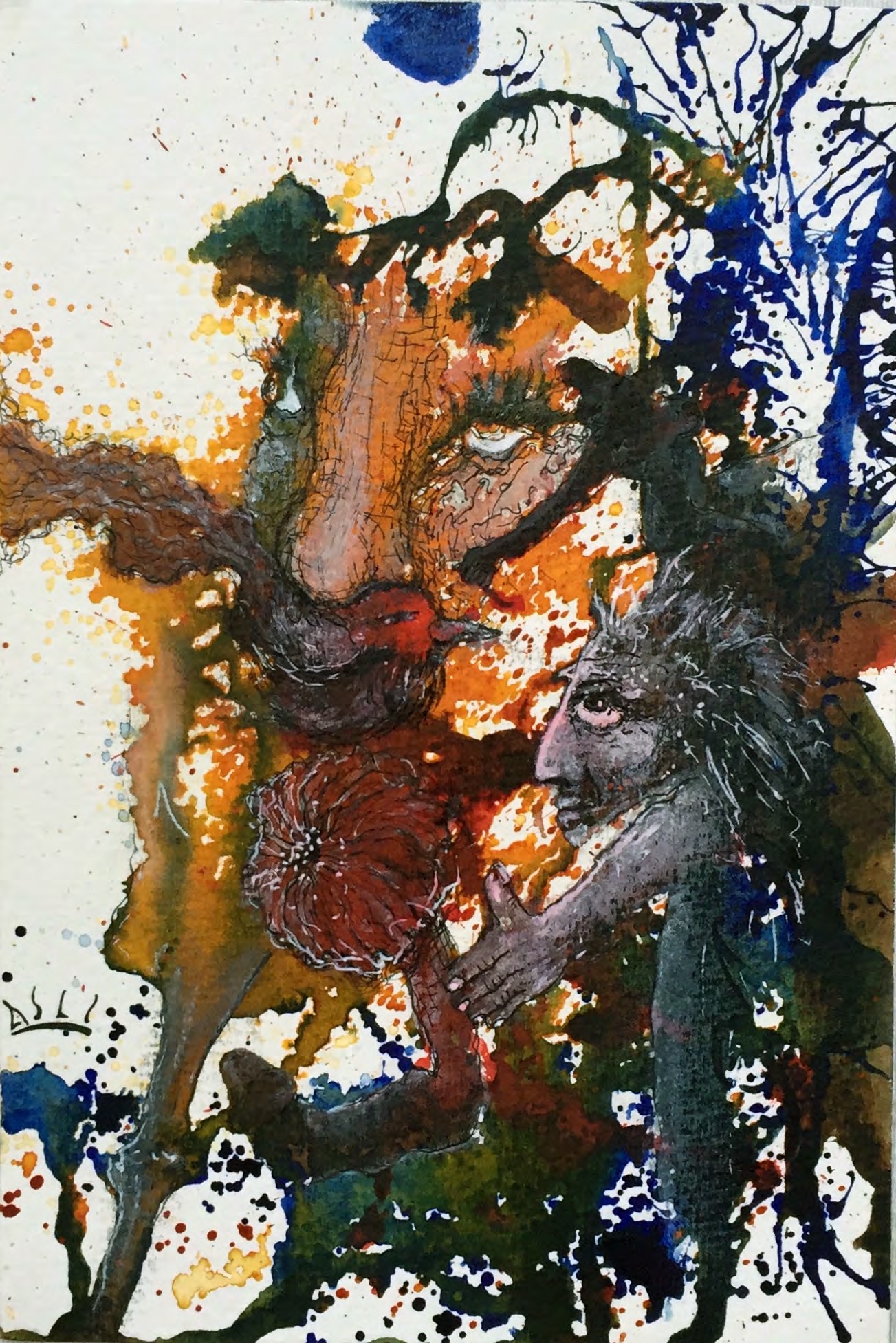 Two faces intertwined with orange and blue watercolor splashes.