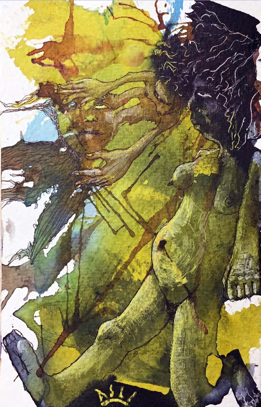 Yellow, brown, and grey watercolor shapes with ink lines.