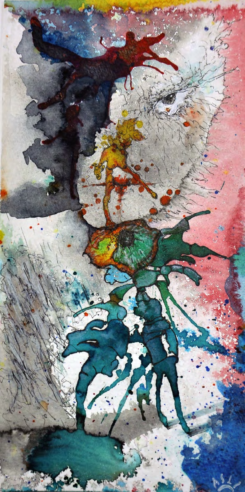 Vertical composition of faces and forms in blue, red, and black watercolor.