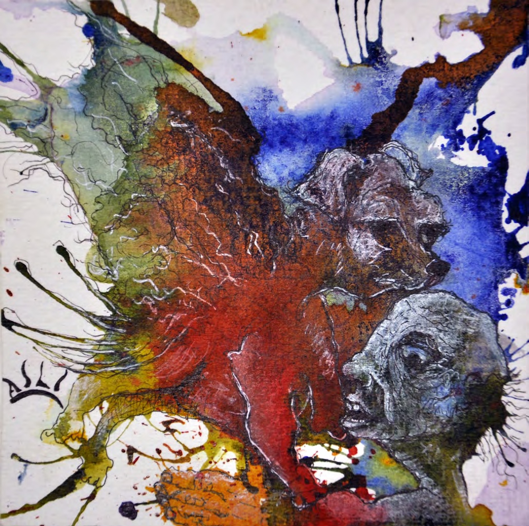 Red and blue figures amid splashing paint and ink.