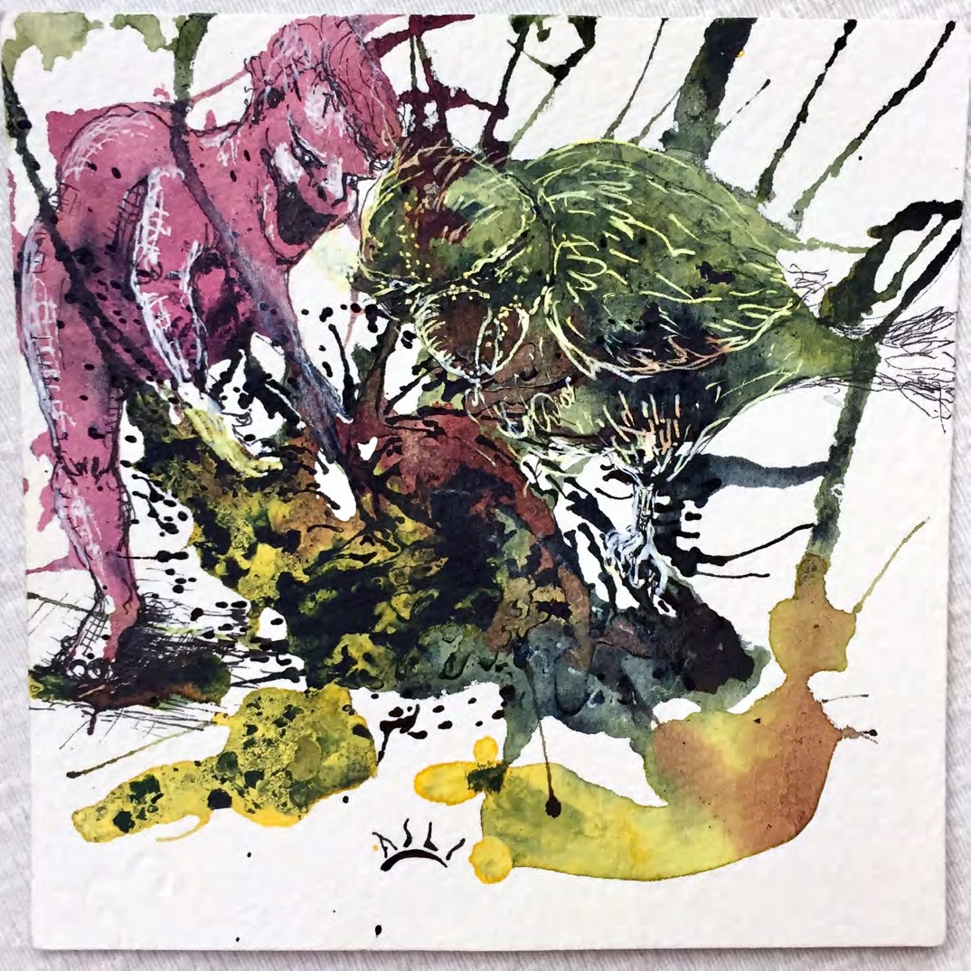 Faces and branches in green, pink, and black watercolor.