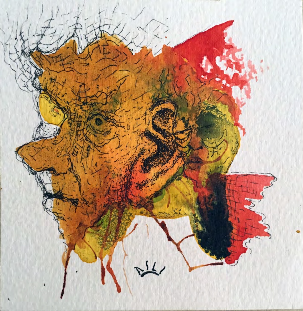 Profile-like face in orange, yellow, and green watercolor.