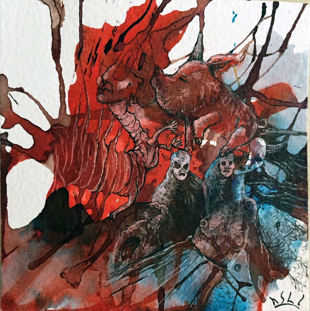 Red, blue, and charcoal-colored abstract figures in watercolor.