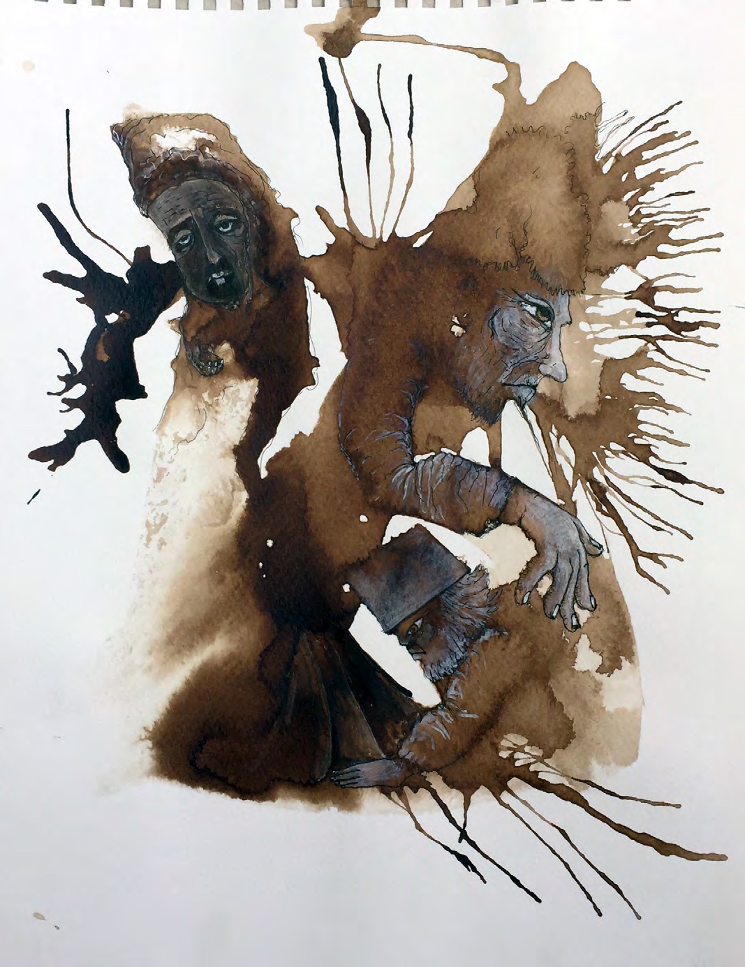 Brown and black figure against pale paper with loose splatters.