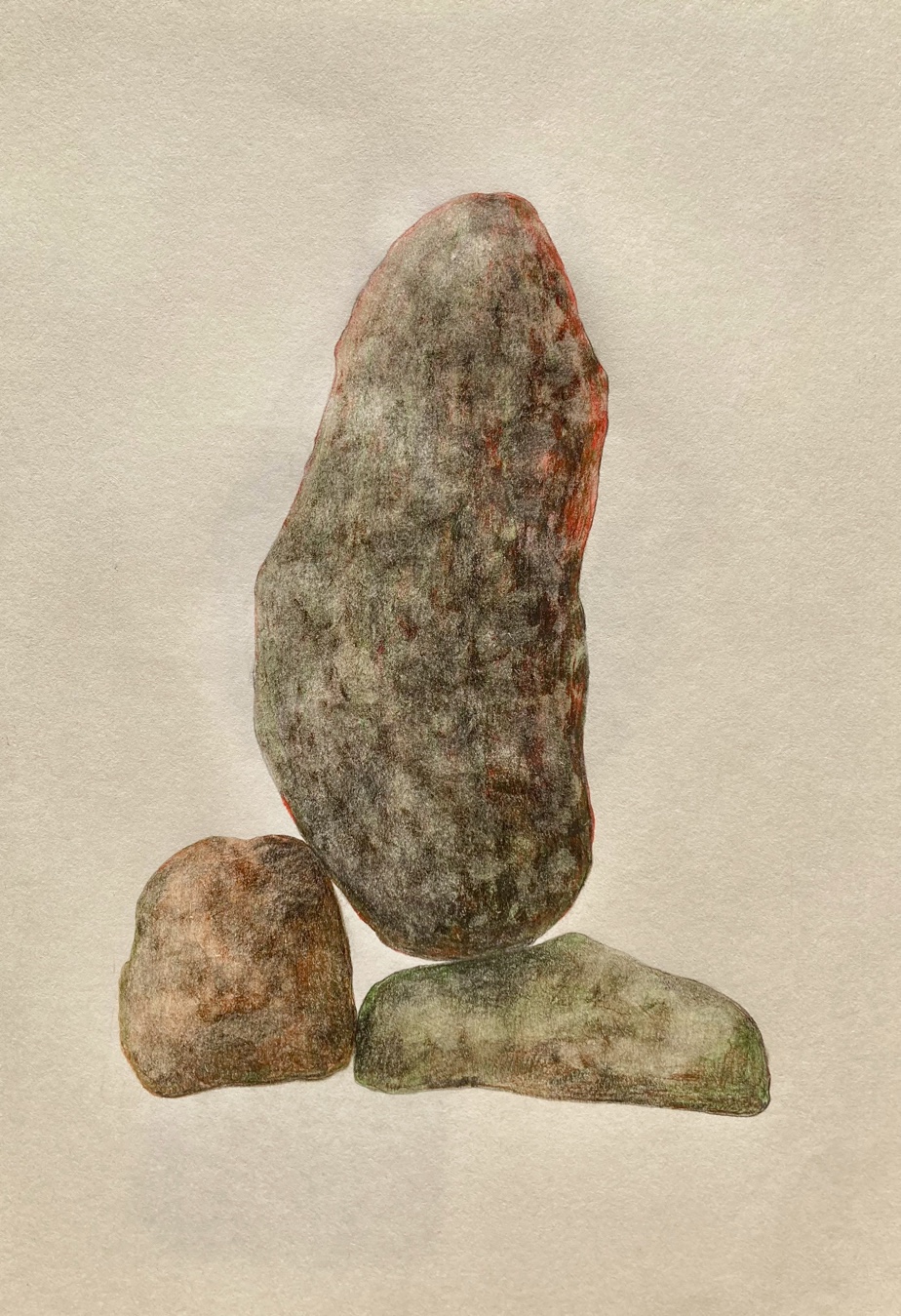 Rounded stone-like forms on a warm pale ground.