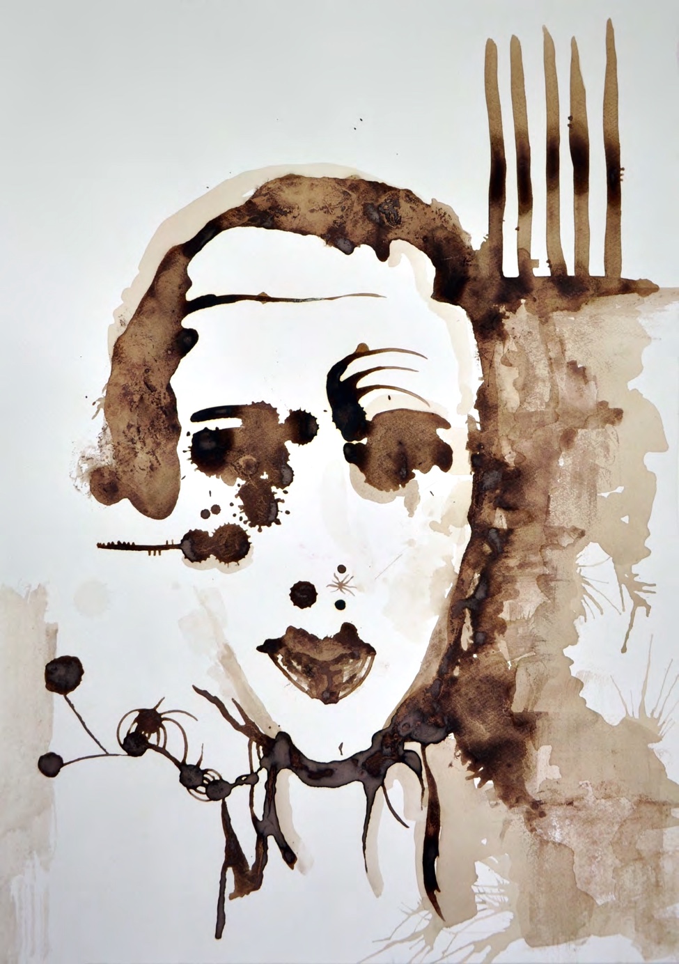 Portrait in brown wine washes with vertical ink lines.