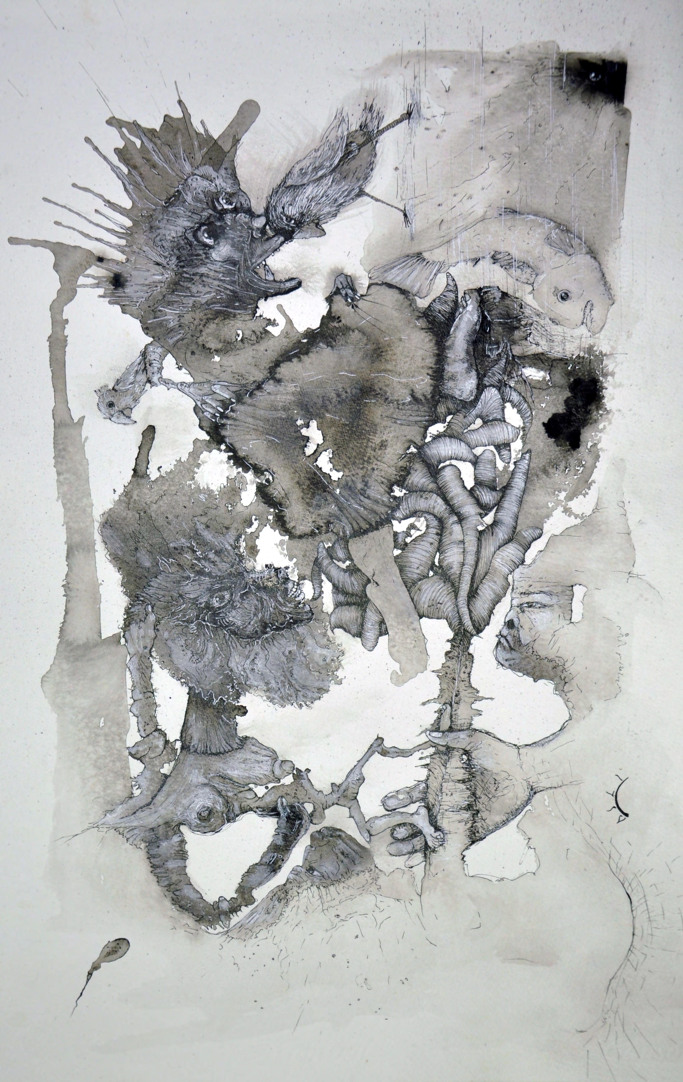 Layered grey ink drawing of birds and figures in a vertical composition.
