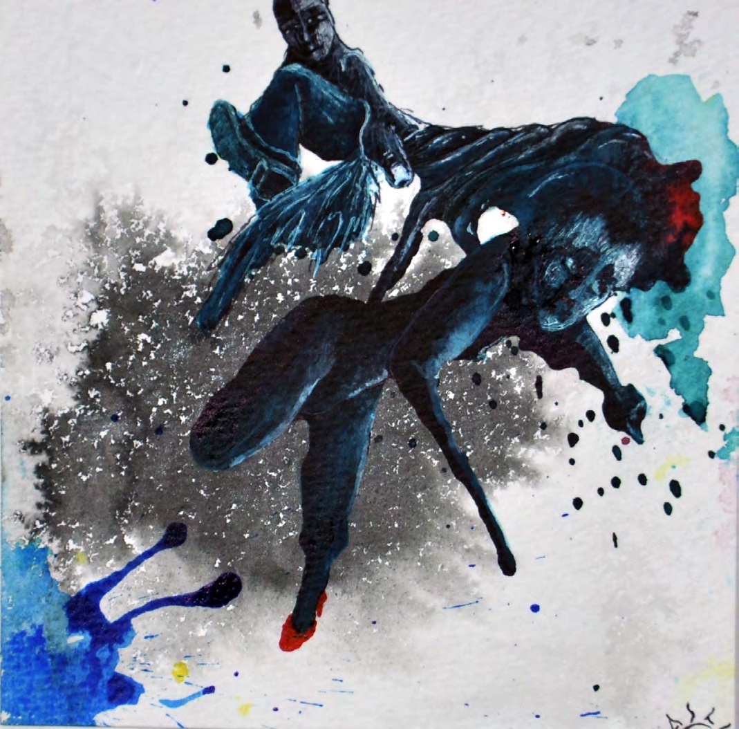 Dark blue figure-like forms in black and turquoise ink.