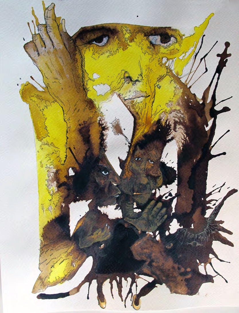 Yellow eyes above dark abstract faces and ink marks.
