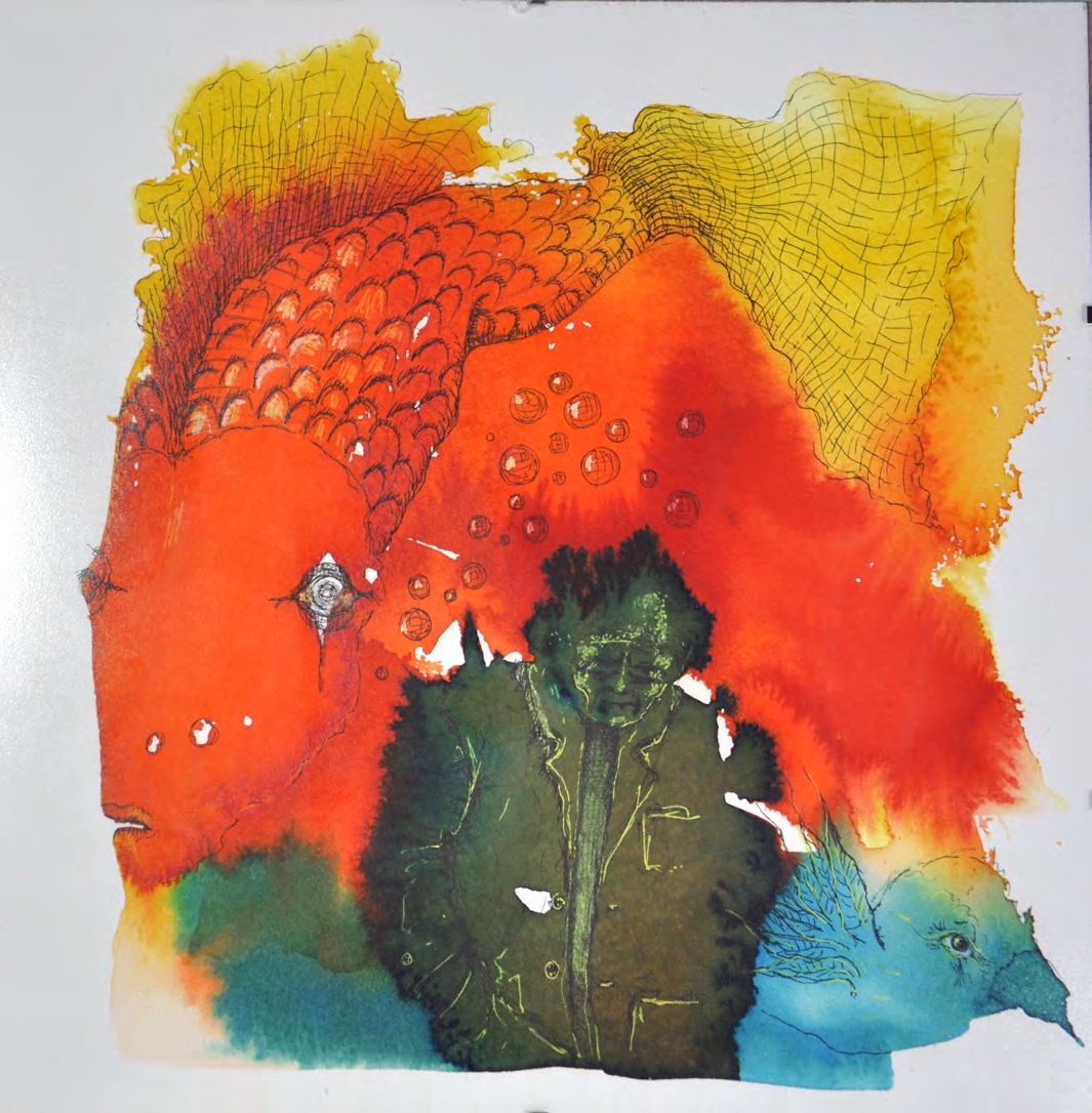 A bright orange and red form over deep green watercolor.