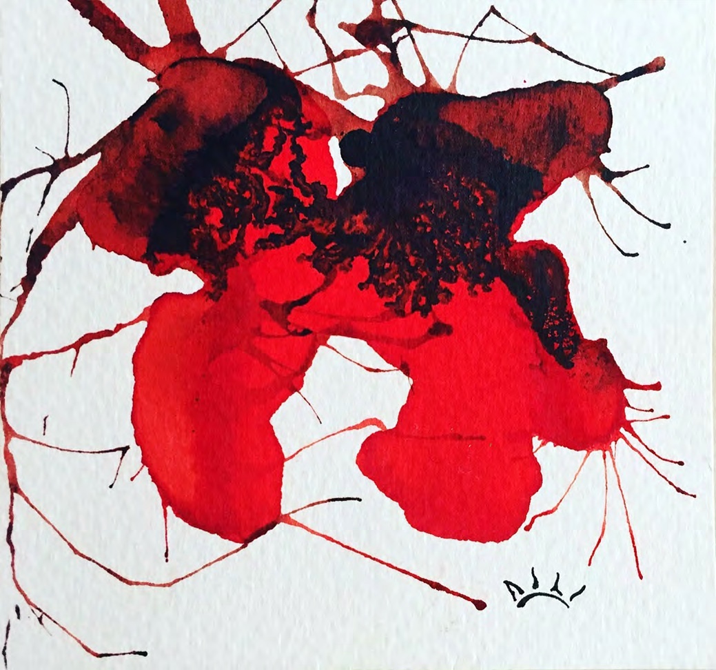 Red watercolor and sharp black lines on white paper.